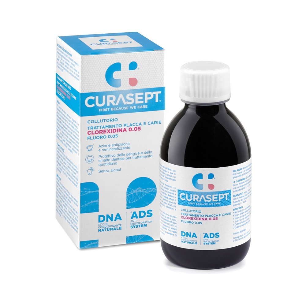 Mundspülung mit Chlorhexidin und Fluorid – beugt Plaque und Karies vor, ohne Verfärbungen.